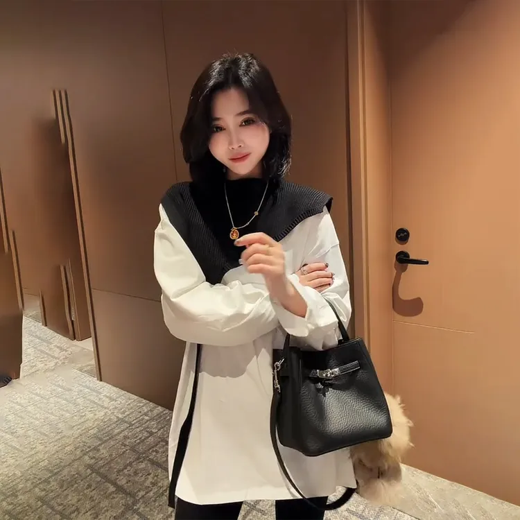 设计感真两件披肩长袖T恤女冬季新款时尚洋气显瘦中长款百搭上衣