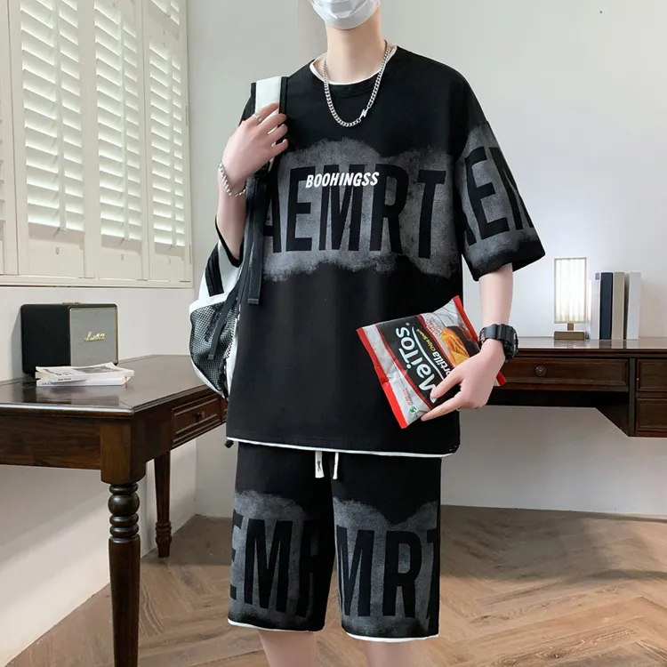 【2件套】休闲短袖T恤套装男士夏季潮流迷彩痞帅宽松短袖短裤两件套