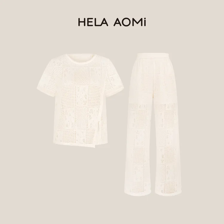 HELA AOMI钩花复古设计衬衫肌理编织镂空休闲裤两件套CY5BB99611