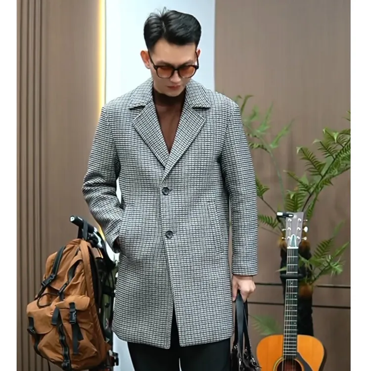 秋冬高端新款韩版英伦秋冬季千鸟格男士休闲大衣9055潮流厚款毛呢