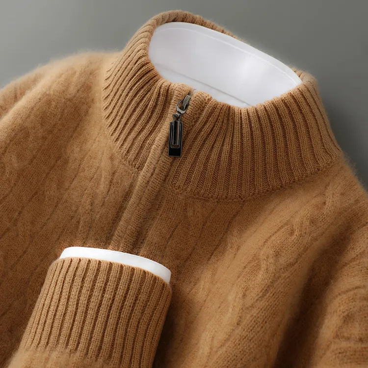 2025秋冬新款100纯羊毛衫男半高领拉链加厚休闲毛衣麻花针织衫