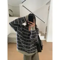 【杨嘻嘻】即墨韩版条纹设计感慵懒风秋冬季长袖V领毛针织衫28231