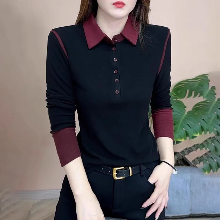 超好看POLO领撞色打底衫女2025秋冬时尚百搭气质修身显瘦长袖上衣