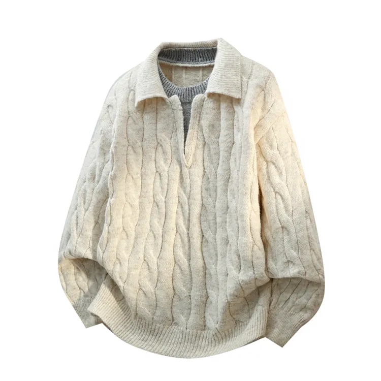 啄木鸟男士毛衣男款秋冬季假两件针织衫翻领复古宽松休闲毛线衣