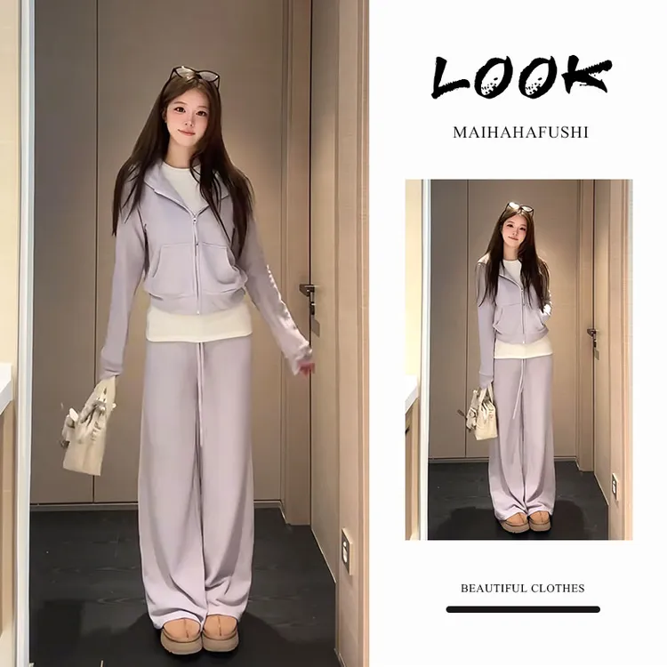 秋冬一整套女装2026新款韩版短款连帽拉链卫衣打底衫休闲裤三件套