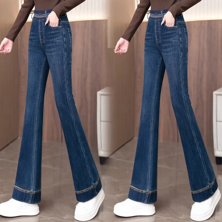 微喇牛仔裤女秋冬季2025新款加绒加厚高腰国风松紧腰女士喇叭裤子