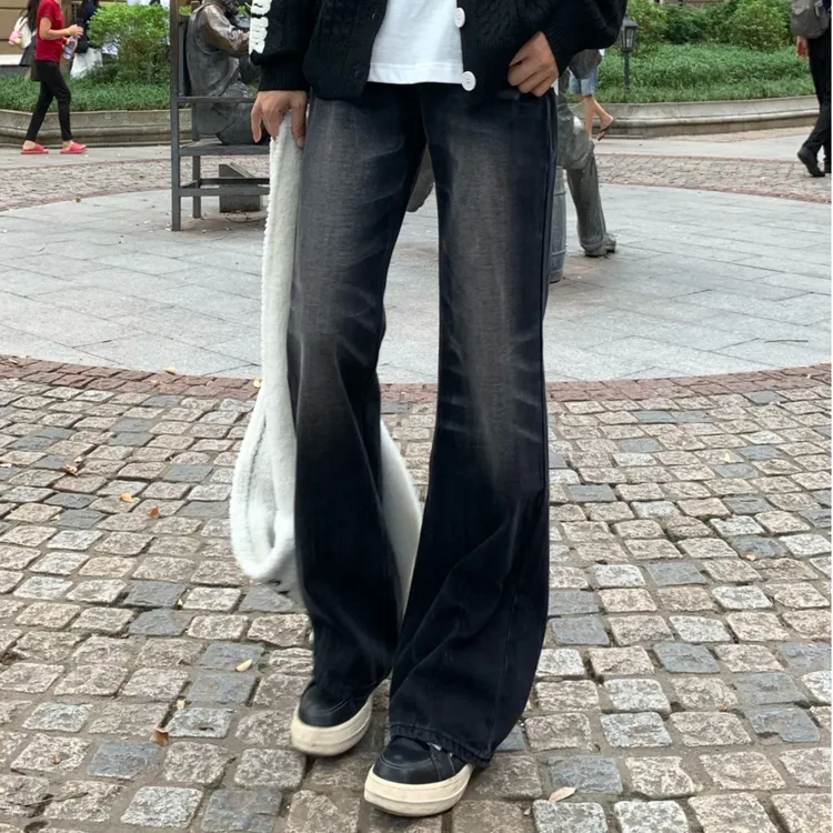 CoolboyBB 美式高街水洗做旧猫须牛仔裤男款秋季微喇修身显瘦长裤