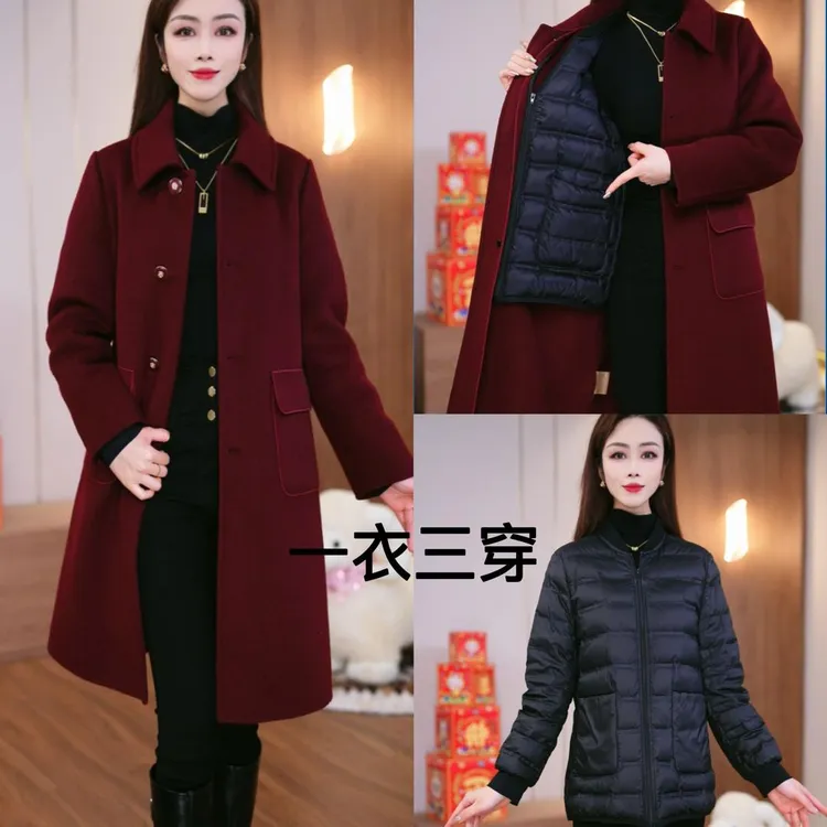 璐娅娜82红咖冬季新款时尚羽绒羊毛大衣中老年显瘦女装外套妈妈装
