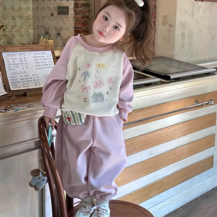 新款洋气休闲运动卡通印花圆领上衣女童女宝宝加绒卫衣卫裤套装