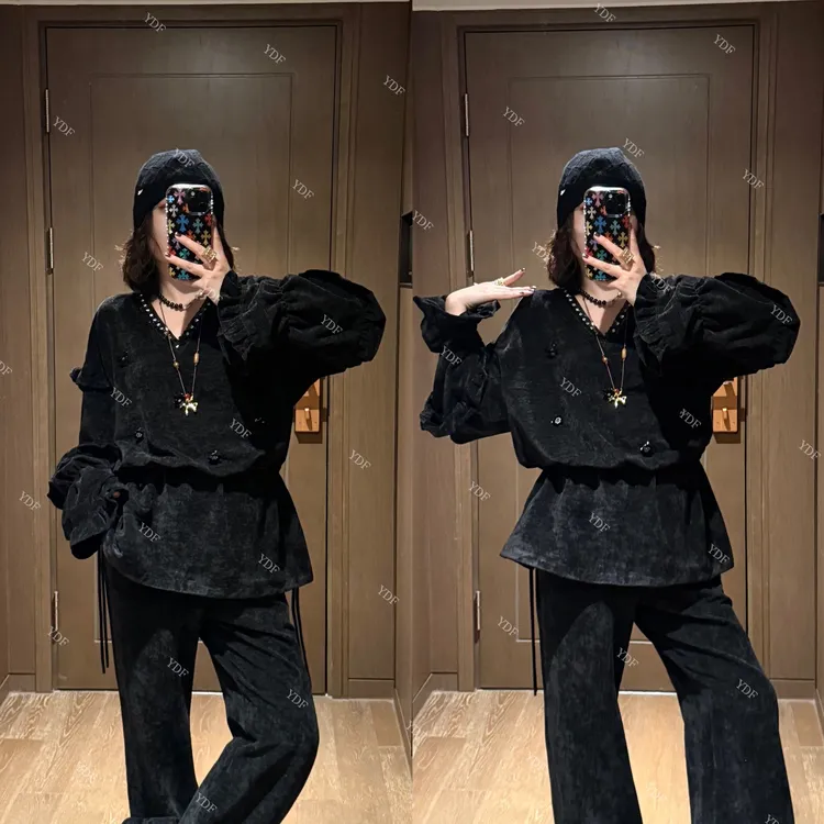 YDFSTUDIO小众【绽放风采】欧货高品重工立体装饰设计上衣+裤子套装