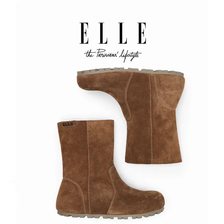 ELLE隐形内增高勃肯靴女复古绒面裸靴秋冬新款真皮小个子博肯短靴