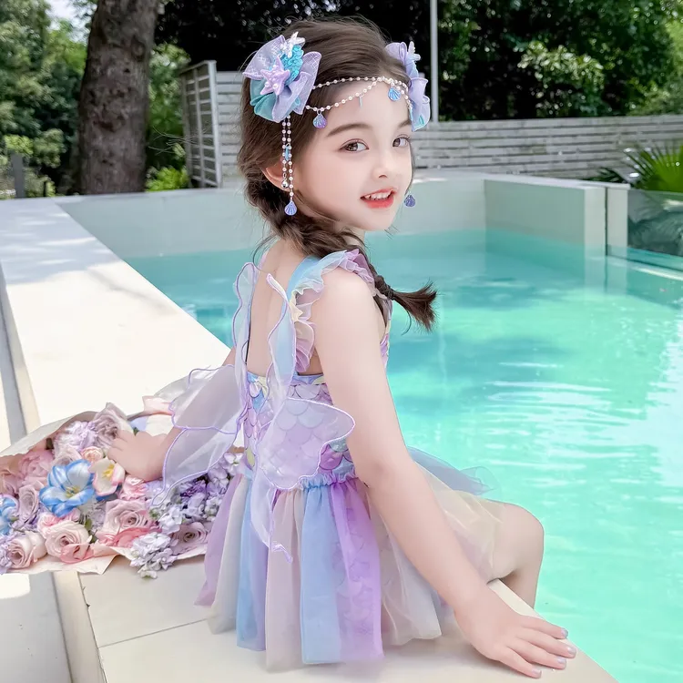 女童夏季连体泳衣2025新款儿童洋气无袖翅膀美人鱼纱裙女宝宝泳衣