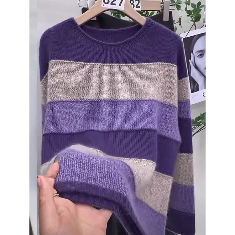 撞色条纹圆领针织衫女年新款秋季慵懒风毛衣百搭减龄宽松上衣