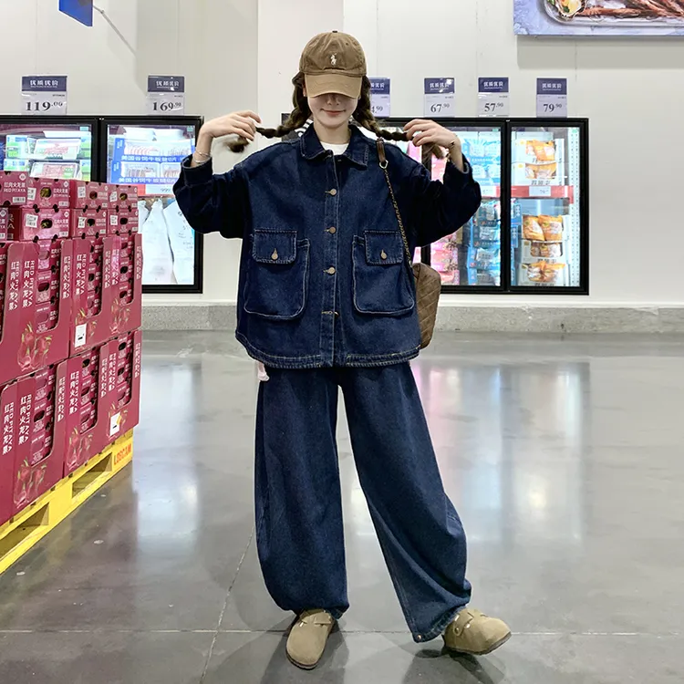 港风冬牛仔蓝色春外套女两件套2025新款春季工装休闲显瘦裤子套装