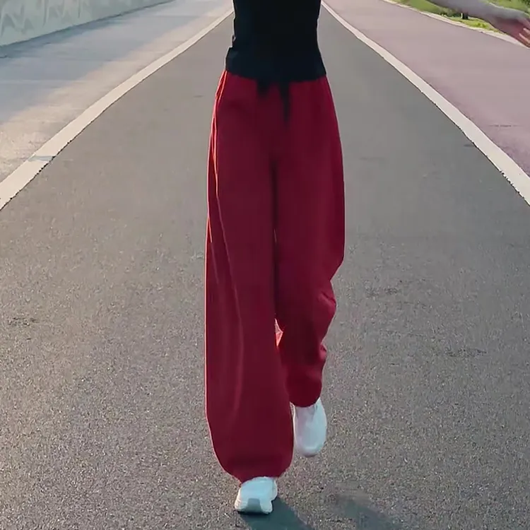 红色休闲运动裤女秋季新款2025新款高腰宽松垂感显瘦百搭阔腿裤女