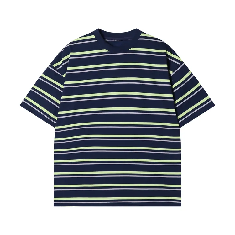 夏季新款时尚个性基础撞色条纹圆领半袖T恤百搭潮流气质通勤上衣