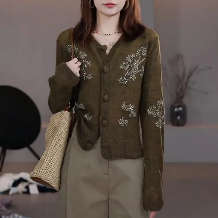 港风复古刺绣长袖针织衫外套女2025春秋新款时尚百搭显瘦开衫上衣