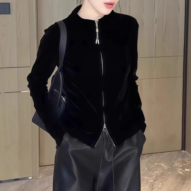 休闲百搭洋气上衣秋季新款胖MM大码女装简约黑色双拉链长袖外套女