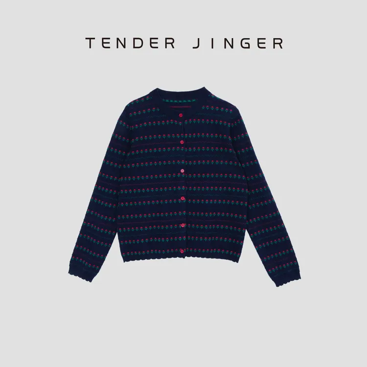 Tender Jinger【头上花枝】圆领提花小碎花羊毛针织开衫T53MII41137