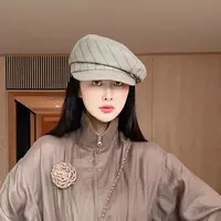 TRACYCHU夏季搭配新品时尚舒适百搭简约款女士卡其色条纹报童帽