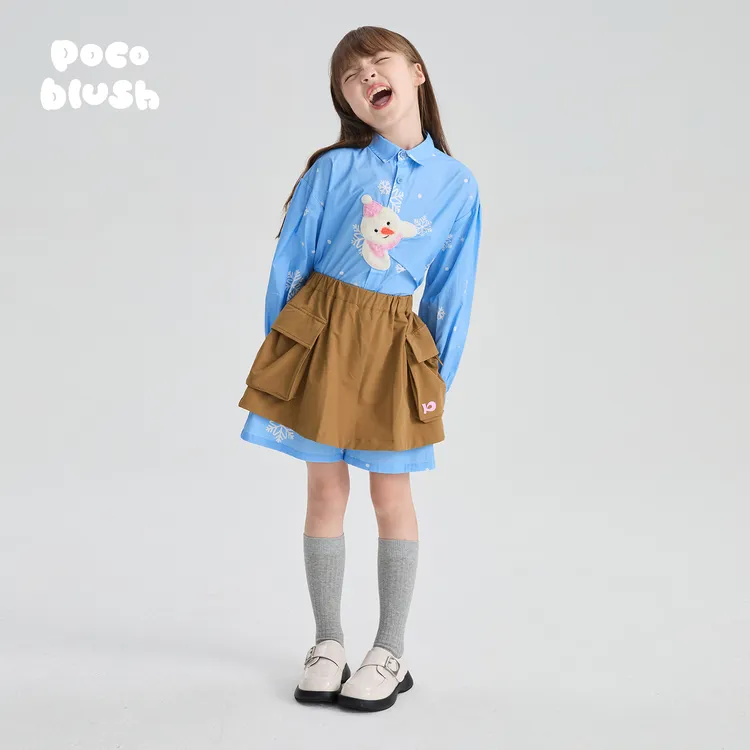 pocoblush【不化的雪人】绣花衬衫2025秋装新款女童长袖上衣套装