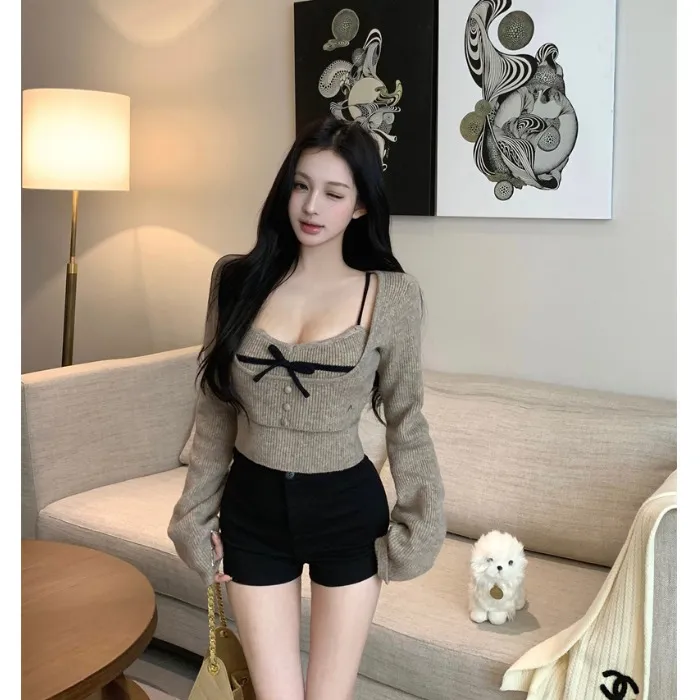纯欲性感蝴蝶结吊带背心女秋季穿搭套装u领长袖针织衫上衣两件套