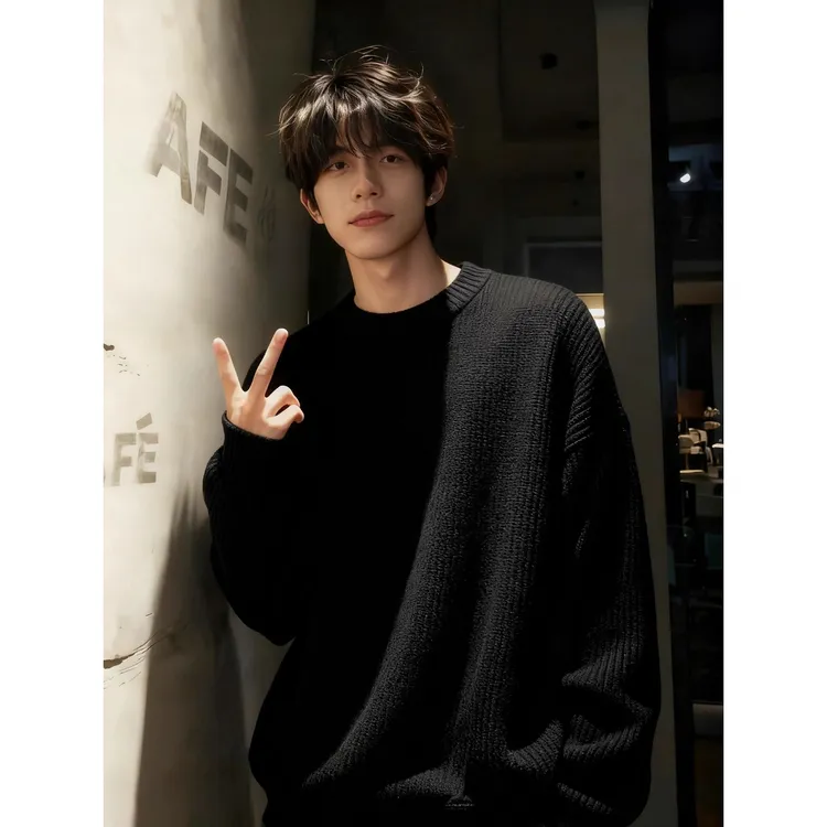 美式黑色圆领毛衣男生秋冬慵懒高级感打底针织衫重磅加绒线衣外套