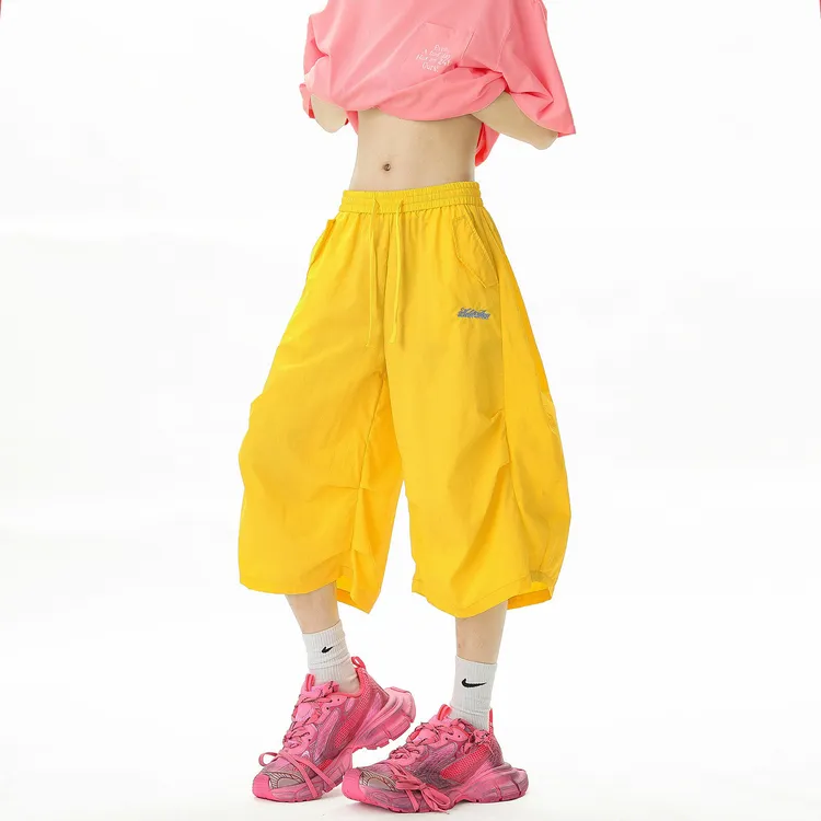 冰丝速干多巴胺短裤男潮牌刺绣褶皱休闲七分裤夏季户外弯刀沙滩裤