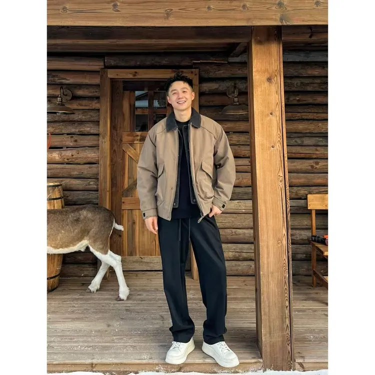 BIG林秋冬设计款牛仔假两件棉服翻领夹克休闲纯色外套