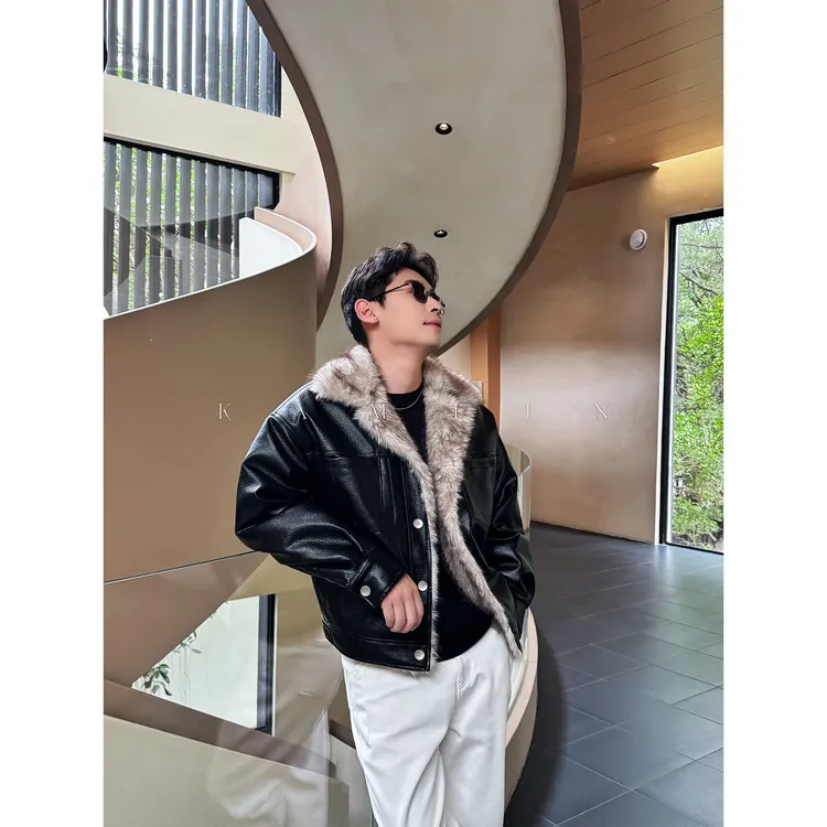 美式复古「皮质毛领座山雕」冬季保暖皮衣男士宽松皮毛一体夹克外套