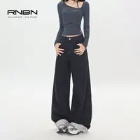 RNBN新款复古丹宁蓝条纹拼接设计阔腿裤宽松垂感显瘦百搭牛仔裤
