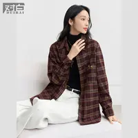对白美式腊肠小狗刺绣格子衬衫女2025冬新款复古宽松长袖叠穿上衣
