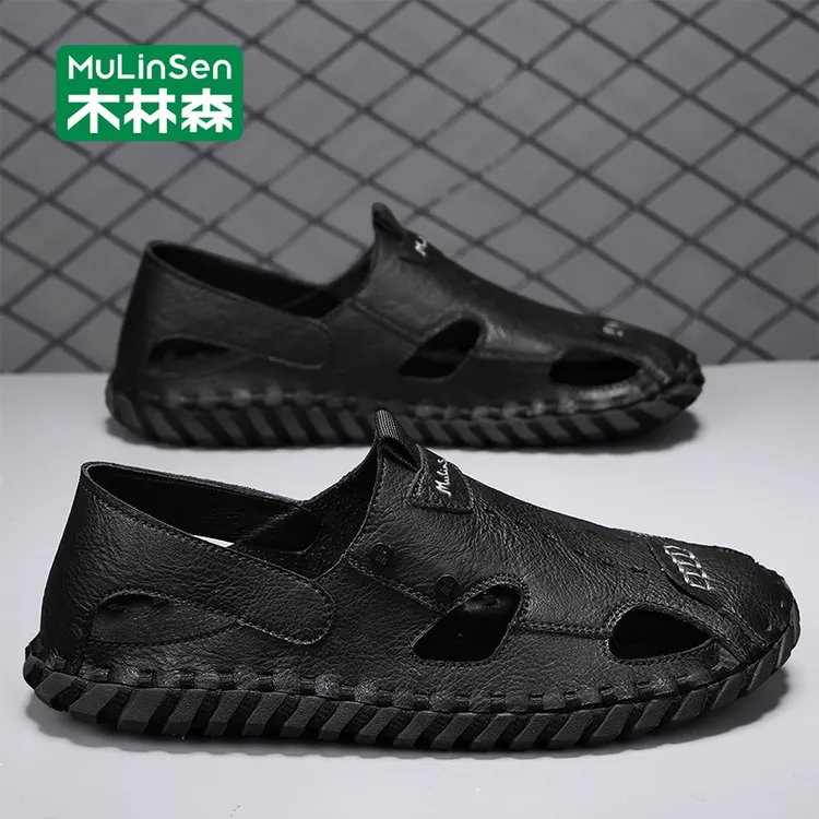 木林森包头凉鞋男款夏季外穿防滑沙滩涉水洞洞鞋男运动开车皮凉拖