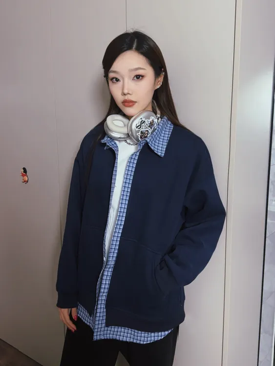 【无设限】中性风秋季新款重磅华棉420克假两件格子拼接卫衣外套