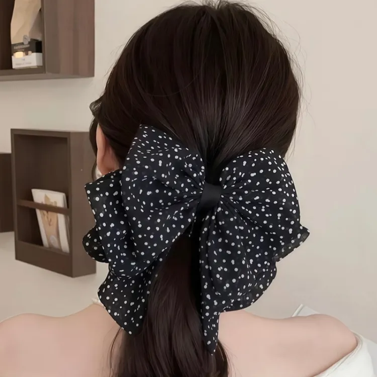 法式温柔波点蝴蝶结抓夹女半扎发气质高级感雪纺网红鲨鱼夹发饰