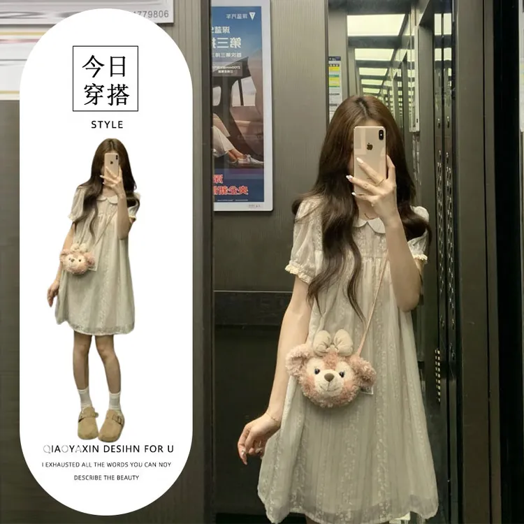 刺绣碎花娃娃领连衣裙女夏季2025新款日系少女感小个子短款娃娃裙