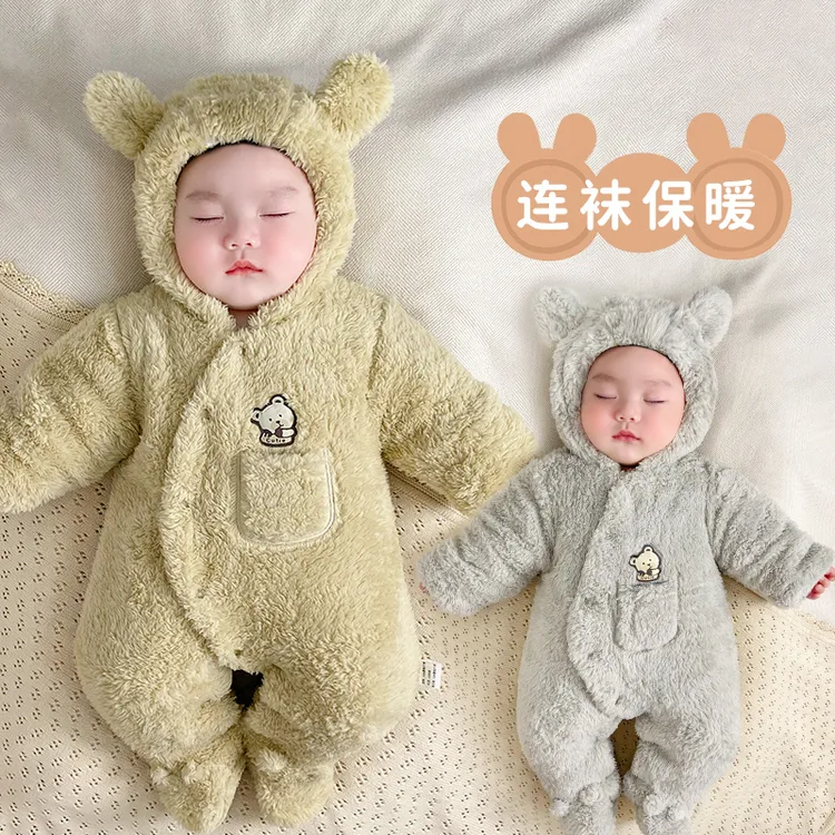 初生婴儿衣服冬季毛耸耸连体衣动物服宝宝睡衣包脚婴幼儿棉衣加厚