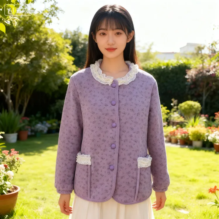 三层抗寒加厚奥粒绒复合女装家居棉服保暖外套时尚洋气碎花棉袄