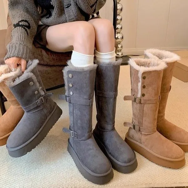 皮毛一体厚底灰色雪地靴女2025冬季新款加厚绒搭扣长筒雪地棉鞋子