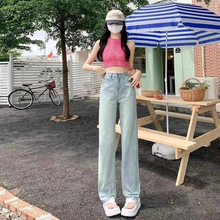新款流行怀旧高腰无弹力夏季女牛仔裤百搭显瘦韩版长裤复古薄款