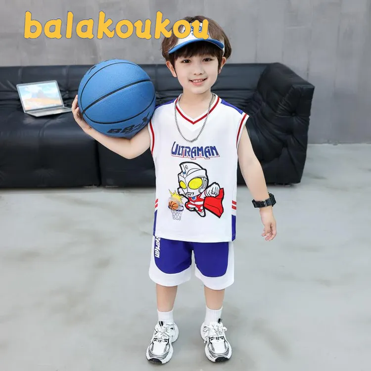 巴拉扣扣男童奥特曼夏装无袖2025新款儿童帅气时髦背心套装宝宝网