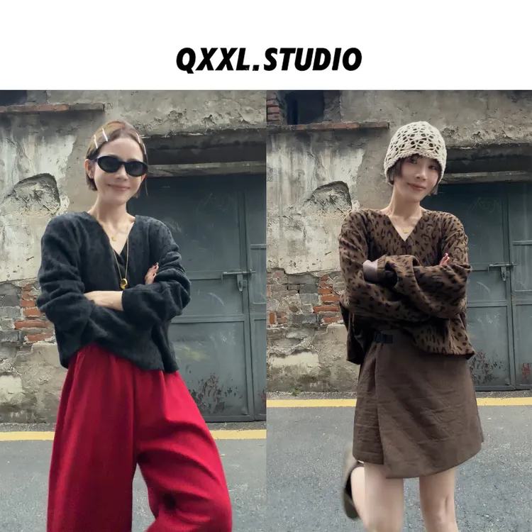 邱小小丽呀 秋冬新款复古慵懒豹纹T恤女加厚百搭气质V领打底上衣