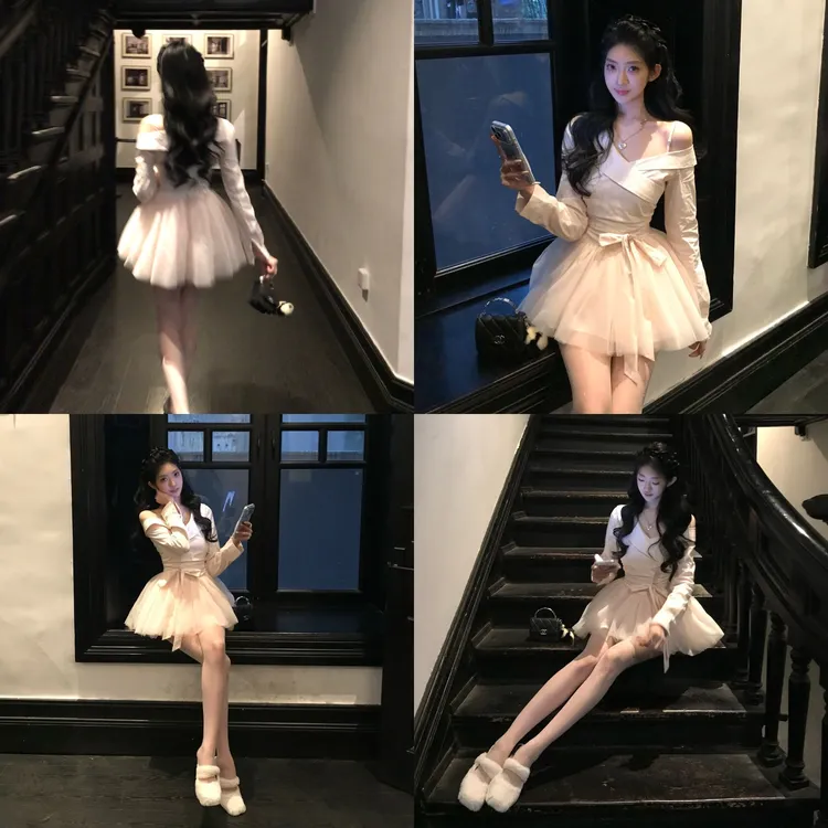 【芭蕾少女】2025秋季新款纯欲风斜挂肩长袖显瘦淡粉女款连衣裙