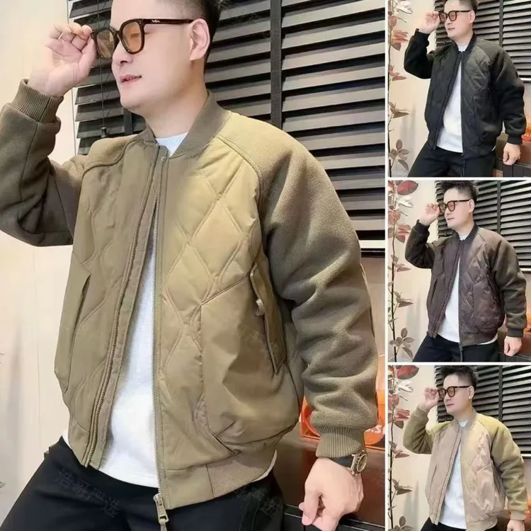 冬季男士新款棒球领拼接棉服外套摇粒绒拼接棉服时尚夹克上衣