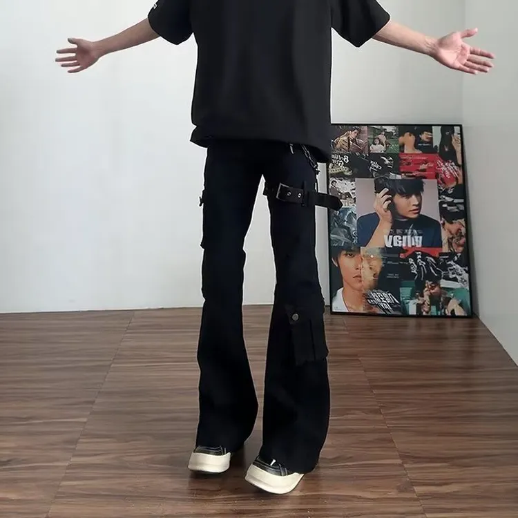 秋季黑色vibe绑带微喇工装牛仔裤男cleanfit美式高街修身喇叭裤子