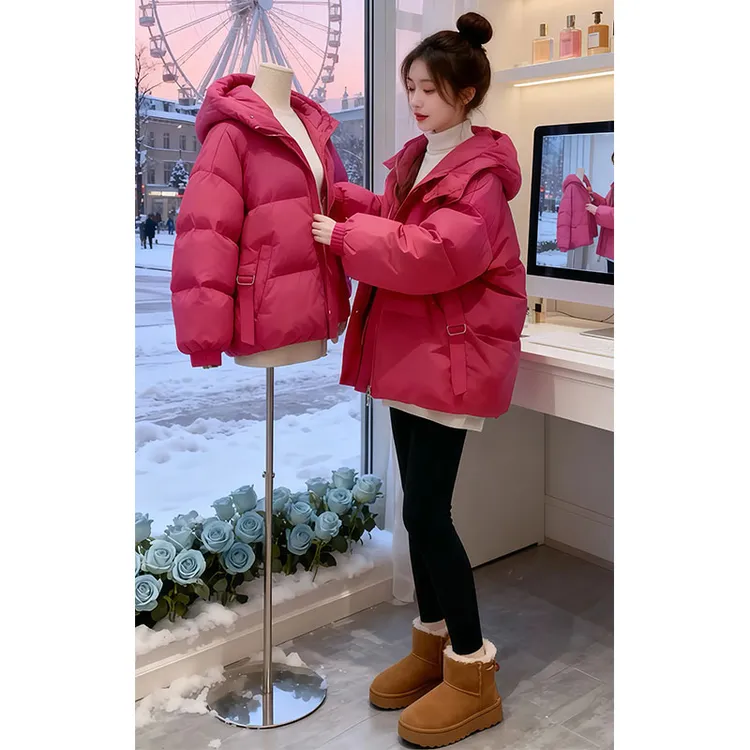 【莓粉暖意】宽松纯色保暖棉服女士2025冬季新款加厚连帽棉衣