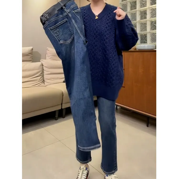 蓝色高腰弹力直筒牛仔裤女2025春秋新款修身宽松显瘦九分烟管裤子