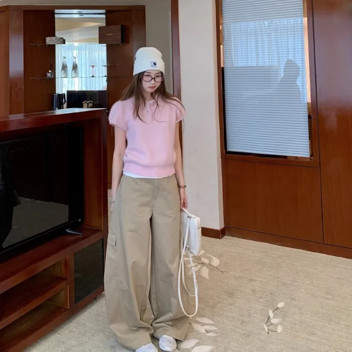 甜美套装粉色短袖翻领毛衣女秋季新款显瘦宽松工装裤阔腿裤两件套