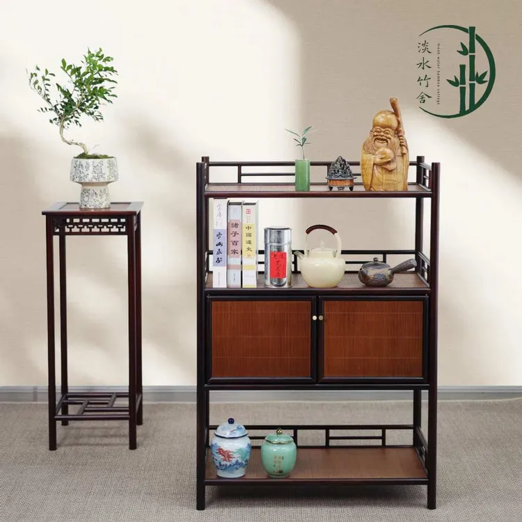 「晴川」新中式高山楠竹收纳柜家用茶具客厅落地可移动手工简约