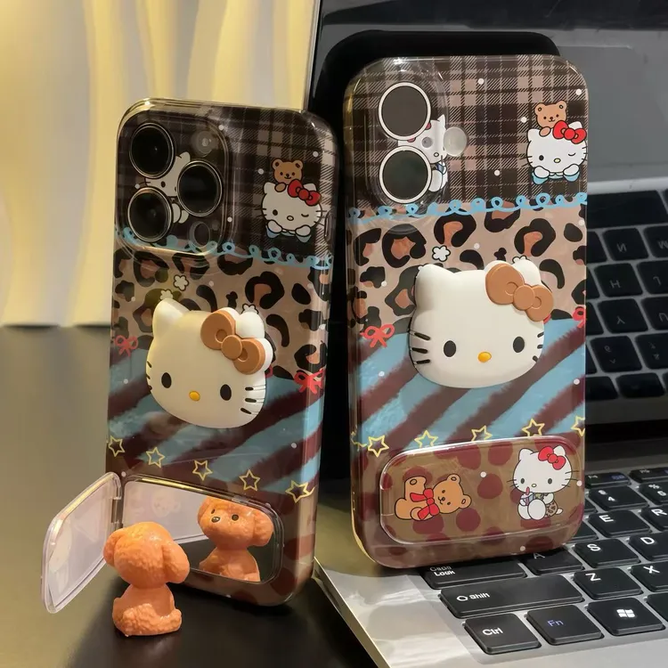可爱拼纹KT公仔支架适用苹果16菲林手机壳小米15vivoppo华为p70套
